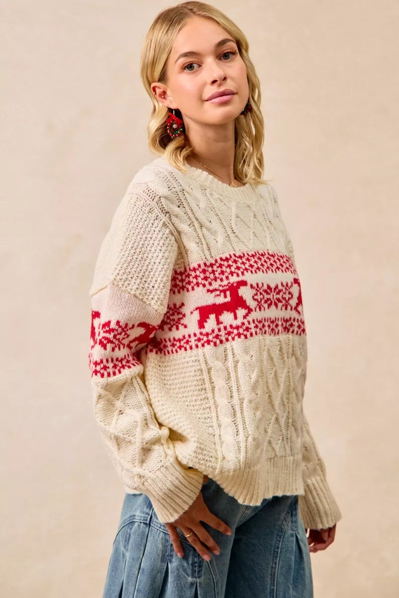 Bibi Christmas Theme Patterned Cable Knit Sweater