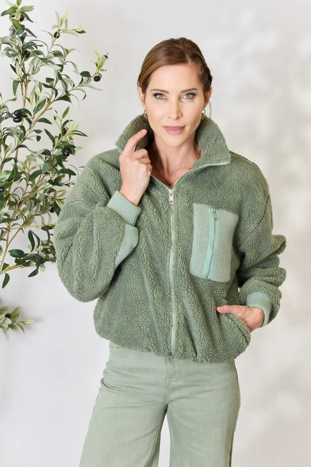 Sage Heimish Full Size Zip Up Collared Neck Jacket