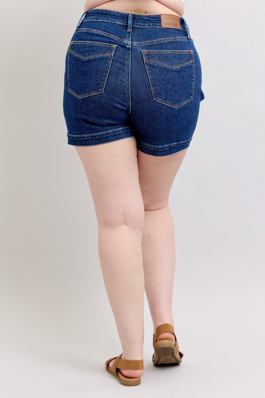 Dark Judy Blue Plus Size High Waist Tummy Control Denim Shorts
