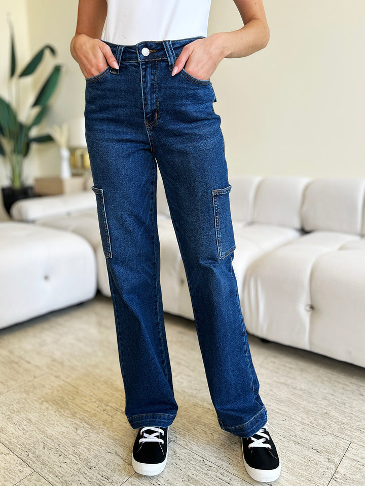 Dark Judy Blue Full Size High Waist Cargo Jeans
