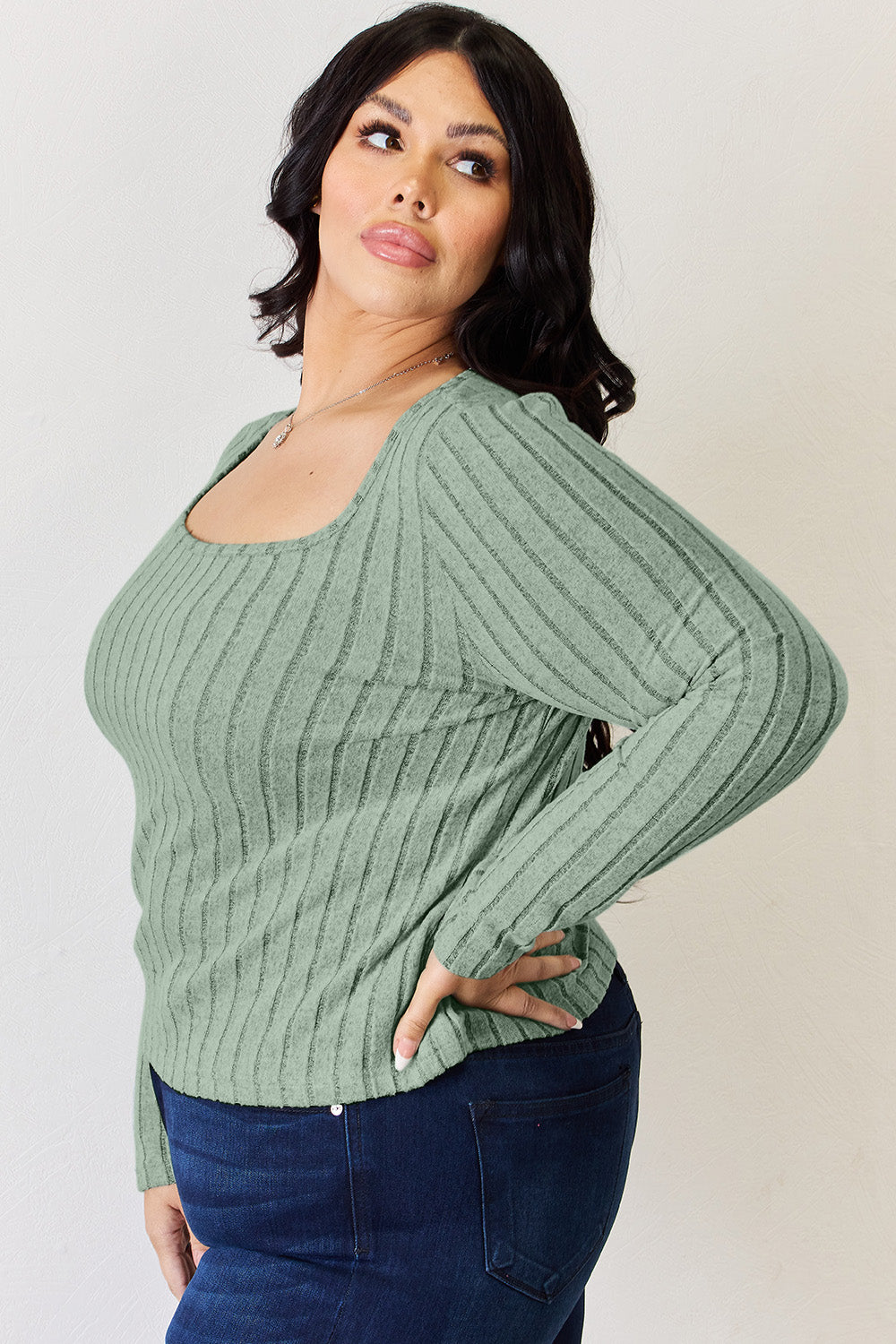Khaki Basic Bae Full Size Ribbed Long Sleeve T Shirt