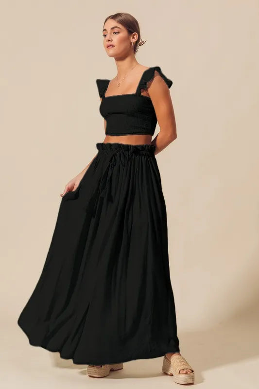 Black So Me Smocked Top And Flowy Maxi Skirt Set