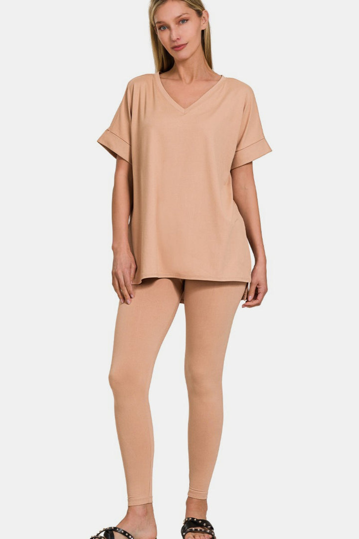 Brush Zenana Full Size V Neck Rolled Short Sleeve T Shirt And Leggings Lounge Set