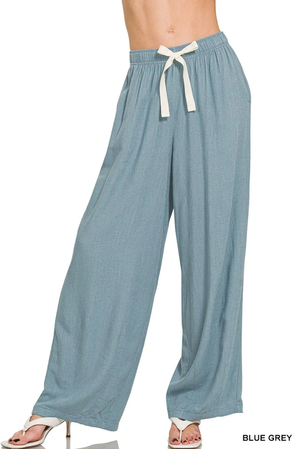 Blue Grey Zenana Linen Drawstring Pants