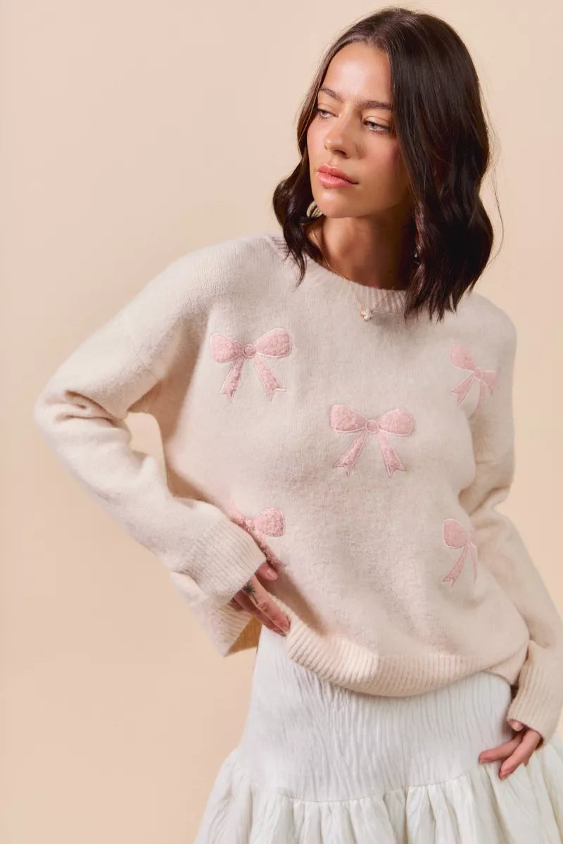 So Me Embroidered Ribbon Round Neck Sweater