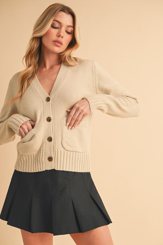 Pearl Aemi Co Ribbed Hem Button Down V Neck Cardigan