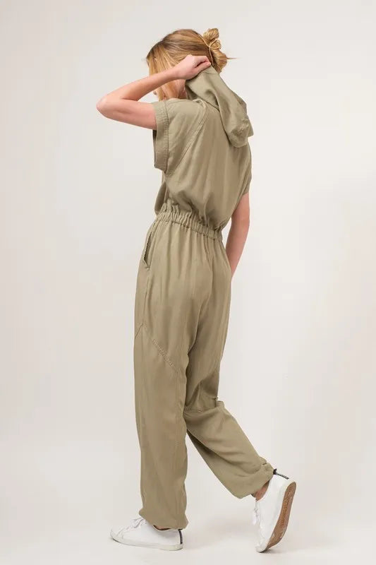 Olive And The Why Washed Short Sleeve Hooded Jumpsuit