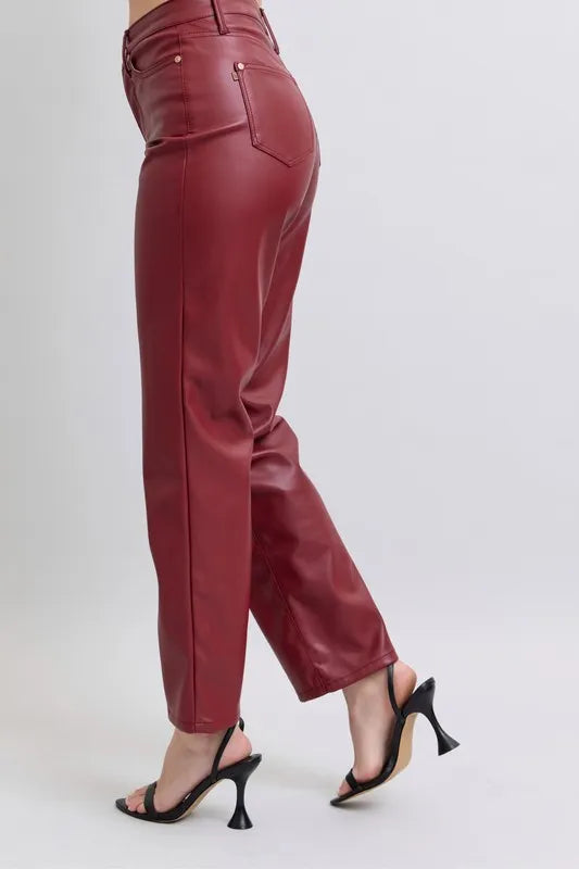 Red Judy Blue Full Size High Waist Tummy Control Faux Leather Straight Pants Plus Size