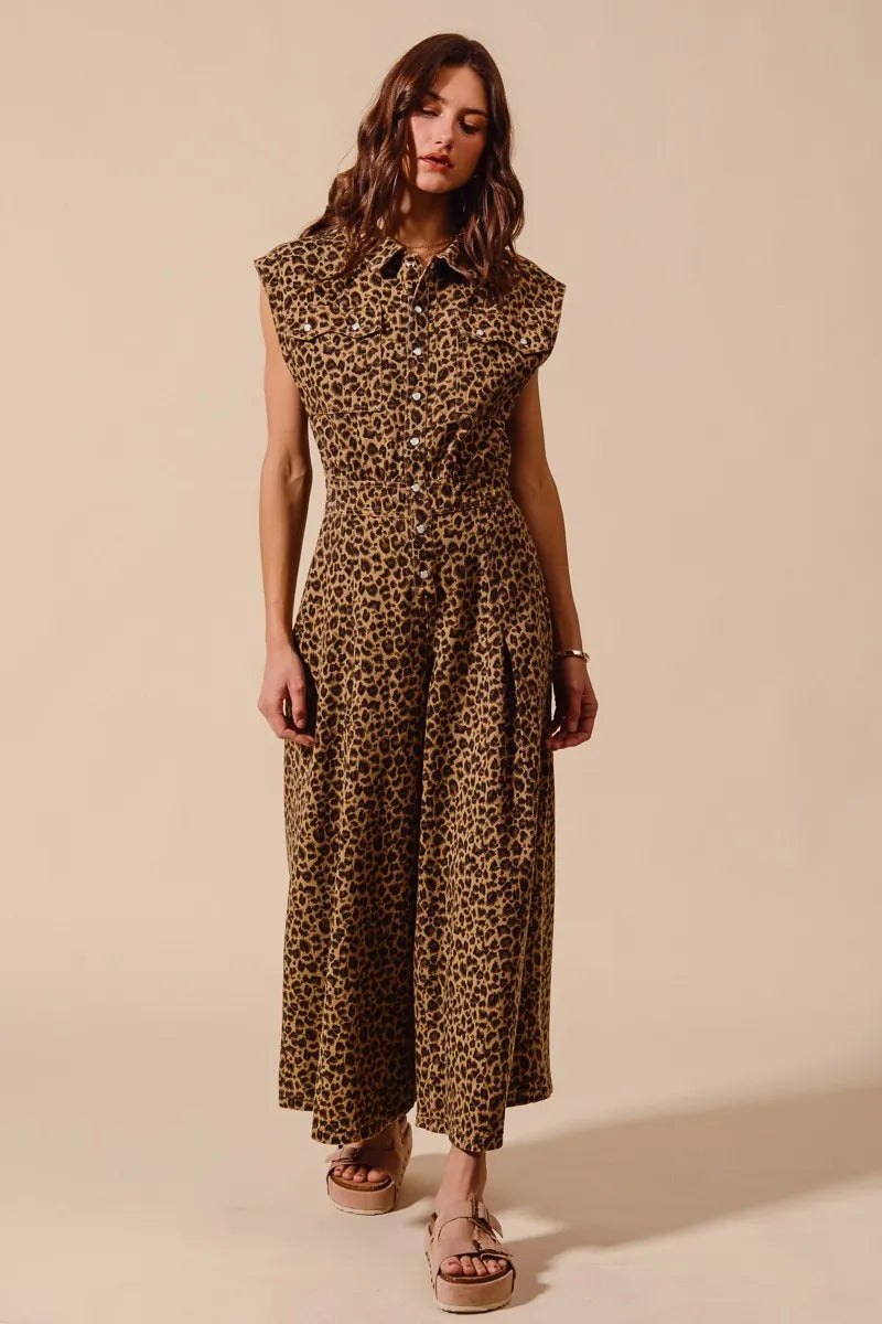 Leopard So Me Wide Leg Leopard Twill Overalls Jumpsuit With Tuck