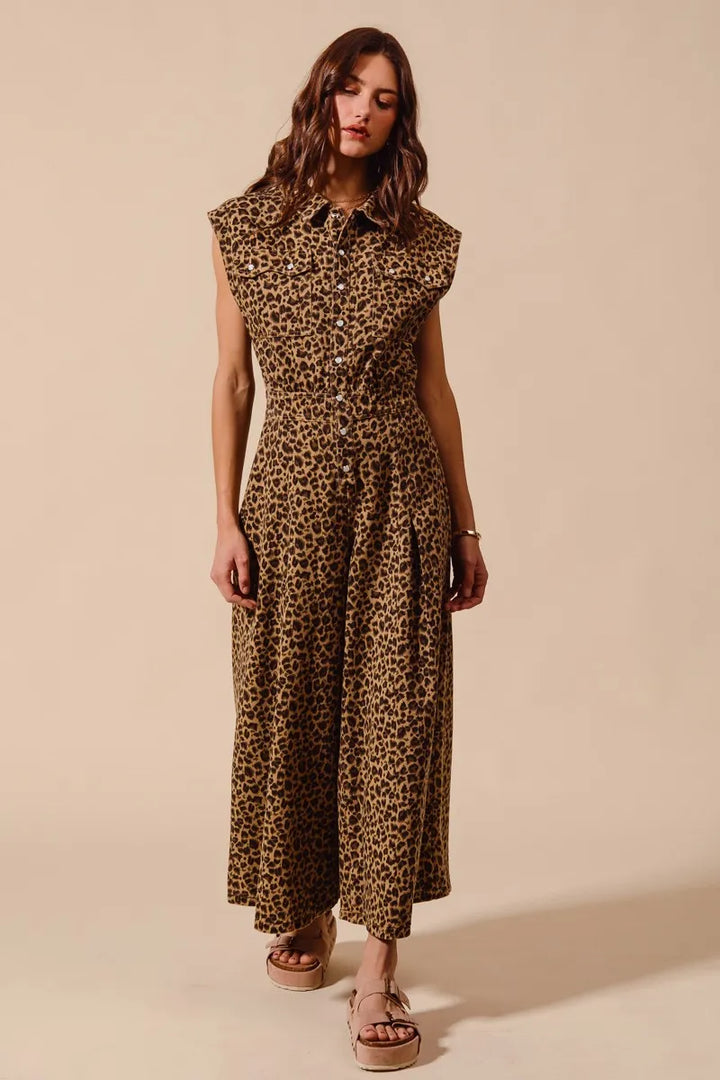 Leopard So Me Wide Leg Leopard Twill Overalls Jumpsuit With Tuck
