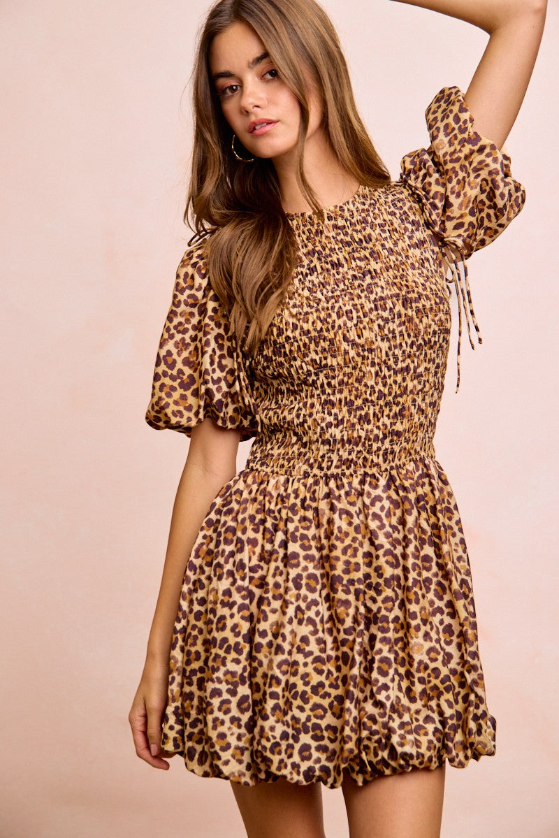 Leopard Bibi Leopard Bow Tie Attachable Puff Sleeves Dress