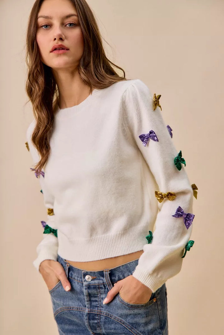 So Me Mardi Gras Glitter Bow Ribbon Sweater Knit Top