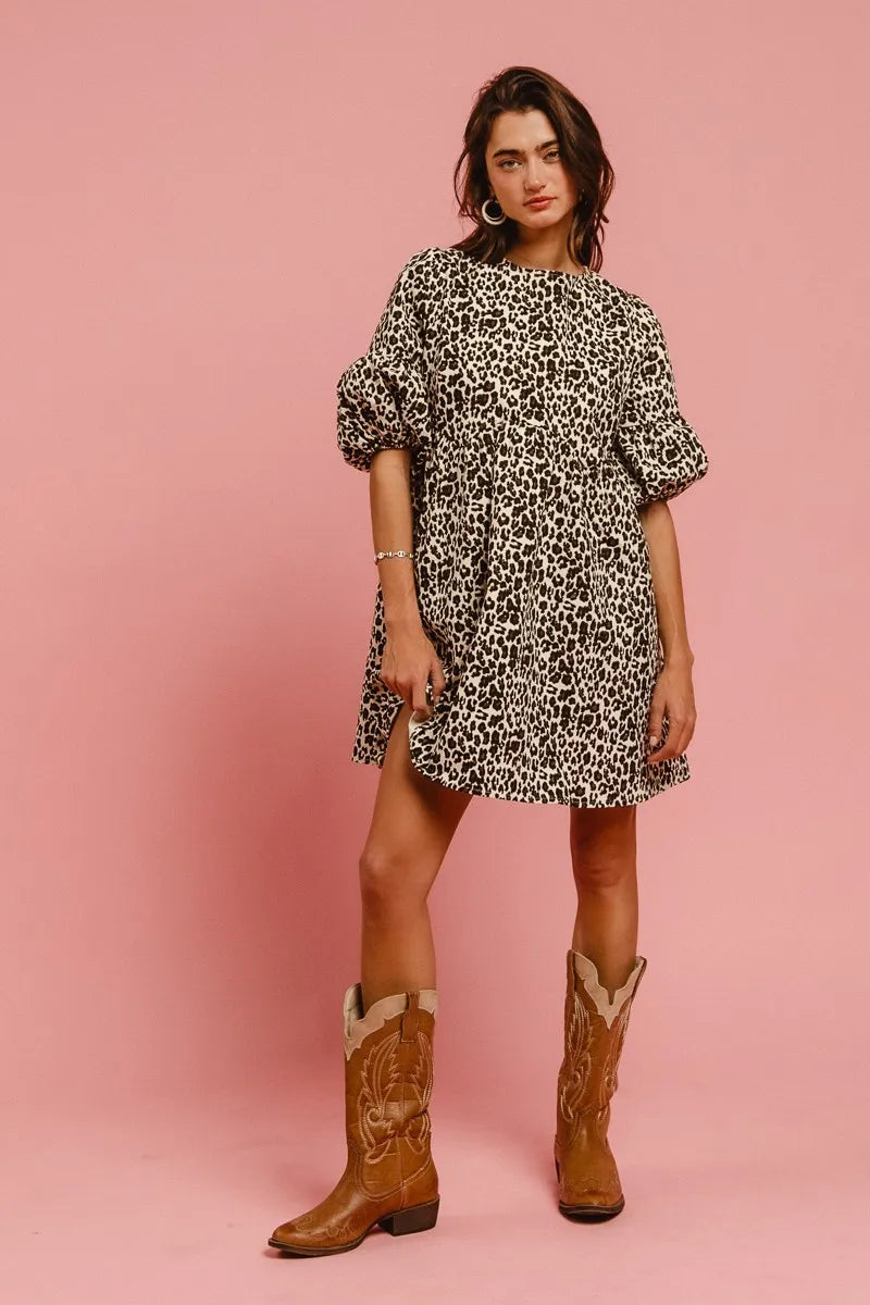 Off White Leopard Bibi Leopard Denim Dress With Back Contrast Tie Detail