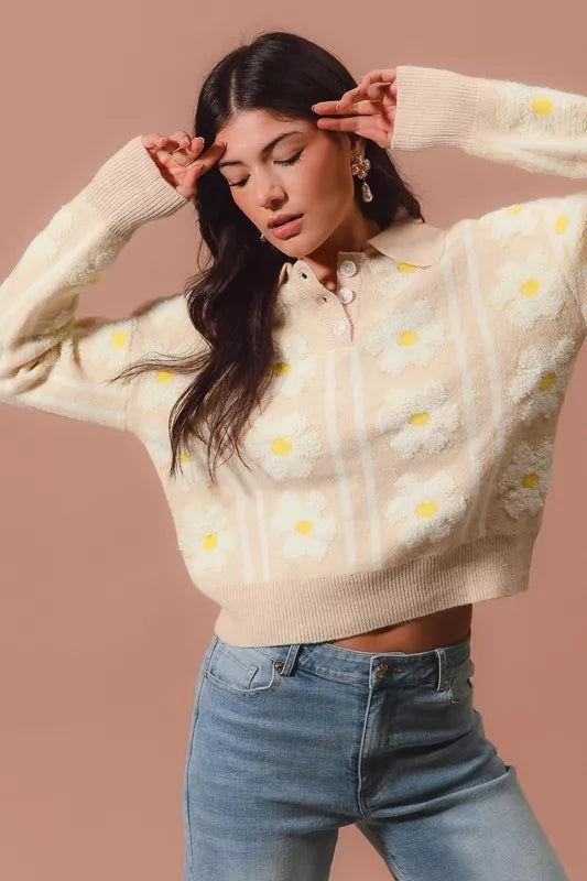 Oatmeal/Ivory So Me Floral Stripe Polo Collar Sweater