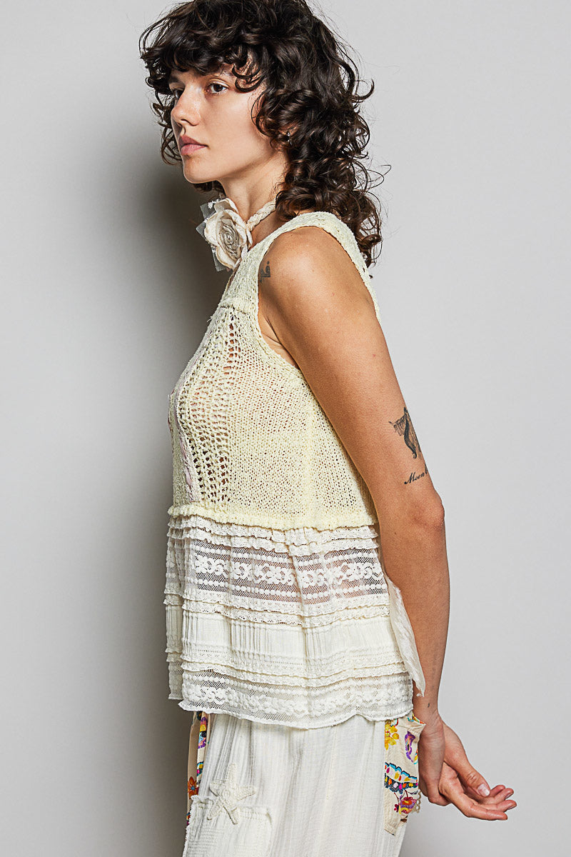 Lemon Pol V Neck Crochet Sweater Vest With Lace Trim