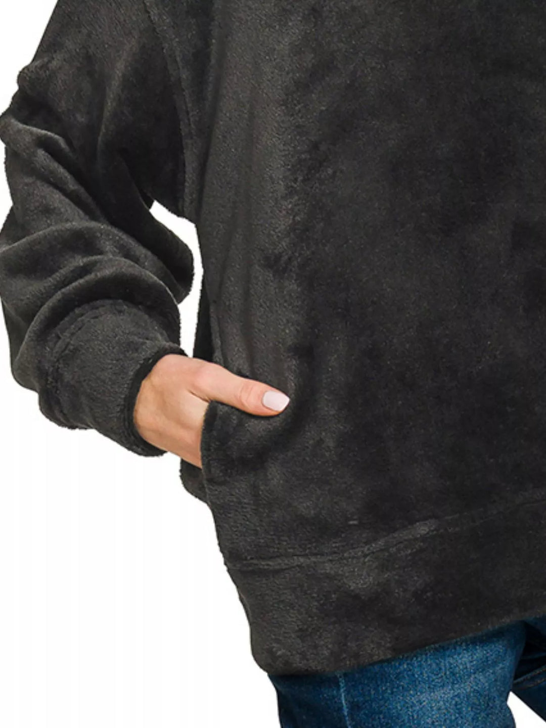 Black Zenana Faux Fur Half Zip Pocket Pullover