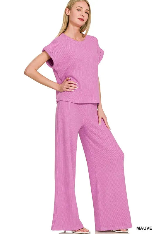 Mauve Zenana Rolled Sleeve Top And Pants Sweater Set