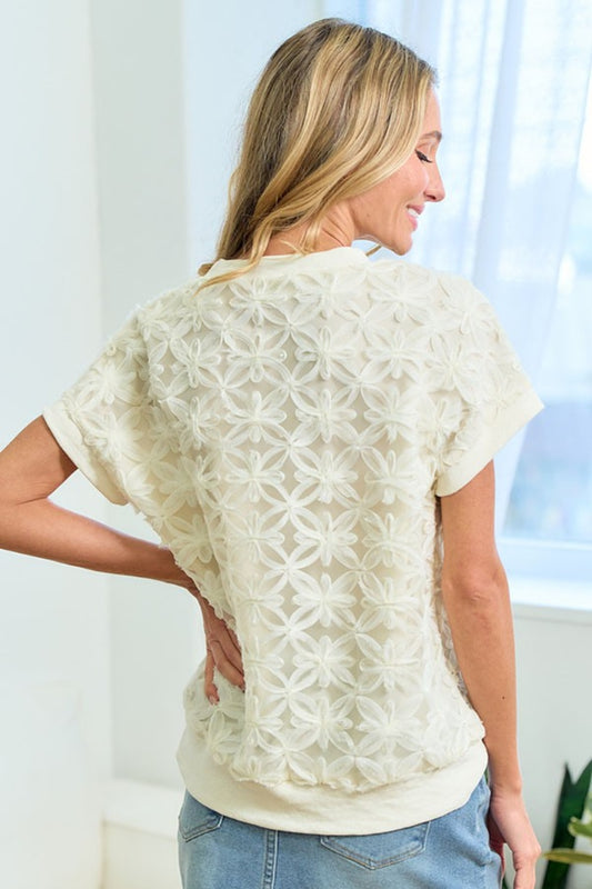 Ivory First Love 3D Mesh Flower Round Neck Short Sleeve Top
