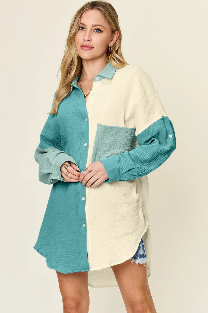 Teal Double Take Full Size Pocketed Texture Button Up Shirt
