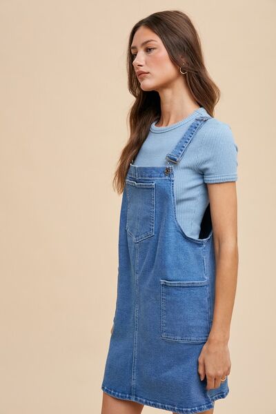 Indigo Washed Denim Annie Wear Wide Strap Denim Overall Dress With Pockets