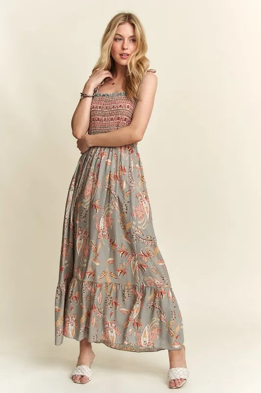 Sage Adora Smocked Printed Square Neck Tie Shoulder Cami Dress