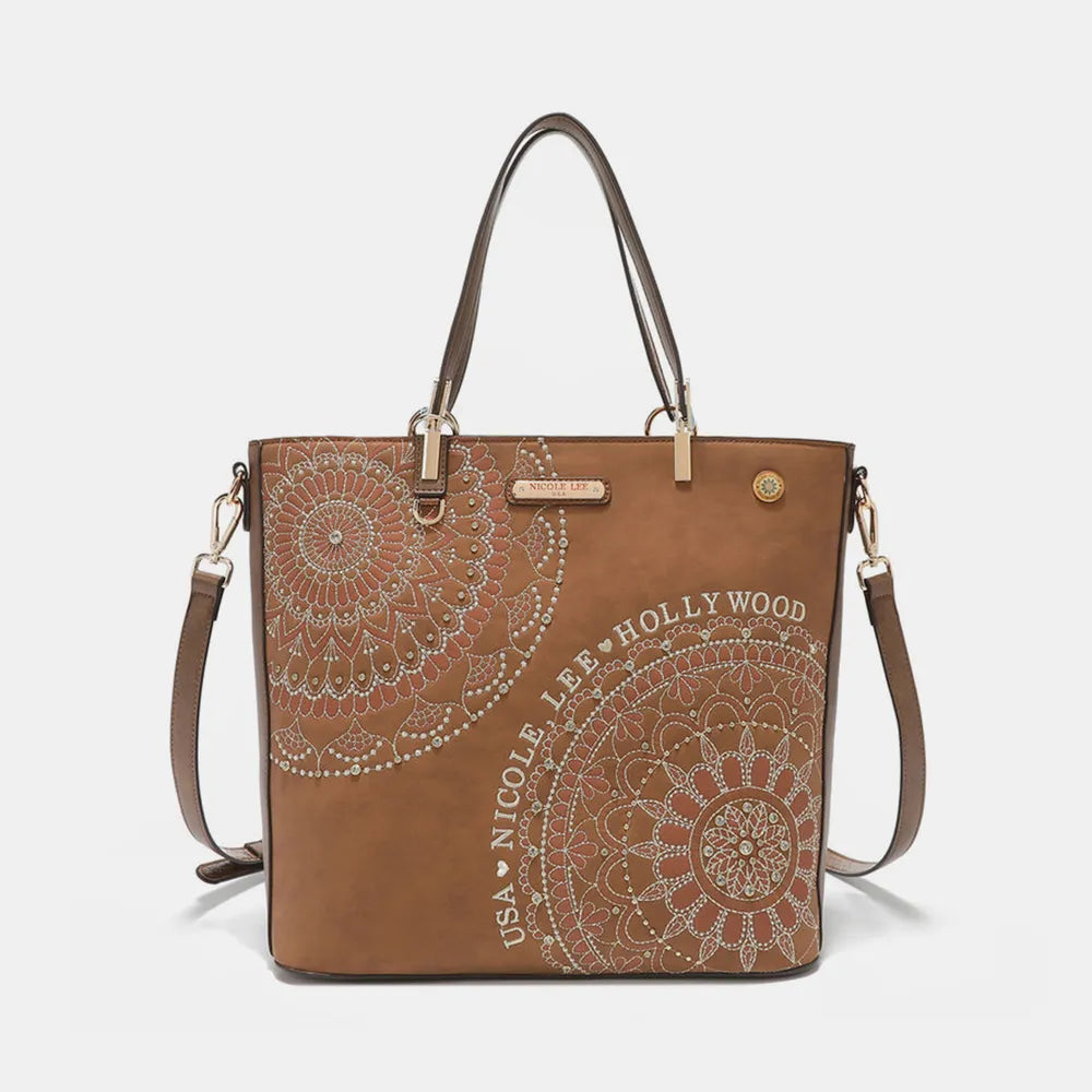 Wine Nicole Lee Usa Metallic Stitching Embroidery Inlaid Rhinestone Tote Bag