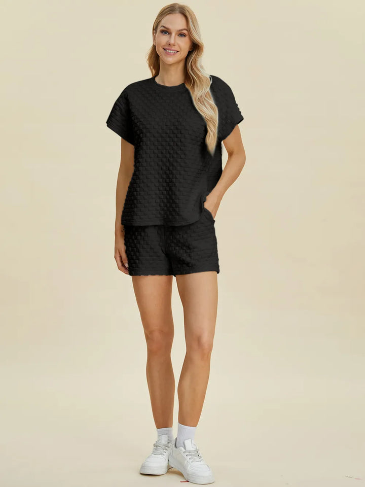 Double Take Full Size Texture T Shirt And Shorts Set