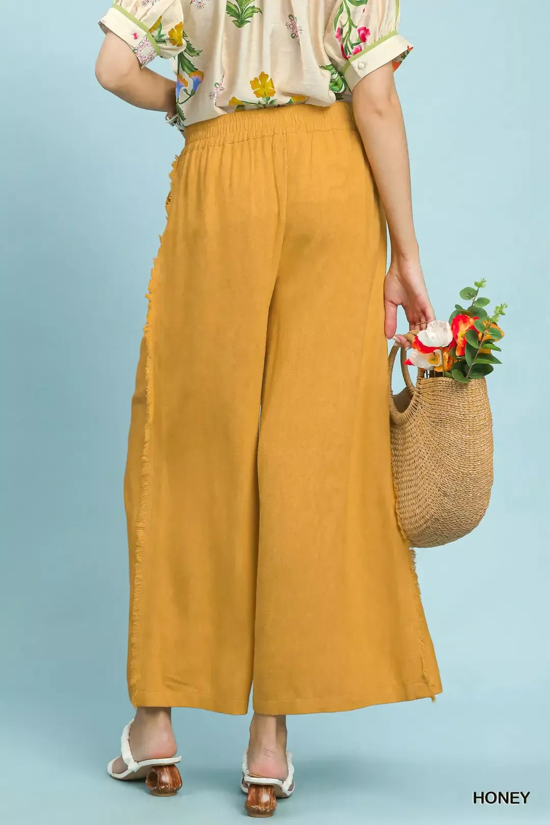 Honey Umgee Linen Frayed Side Pocket Wide Leg Pants