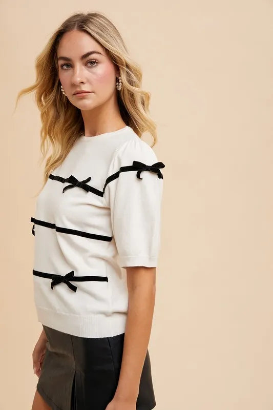 White Annie Wear Striped Bow Round Neck Knit Top