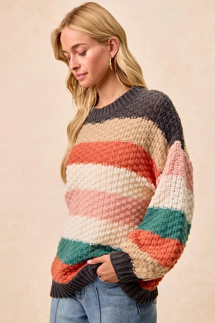 Charcoal/Teal Combo Bibi Stripes Color Block Chunky Sweater