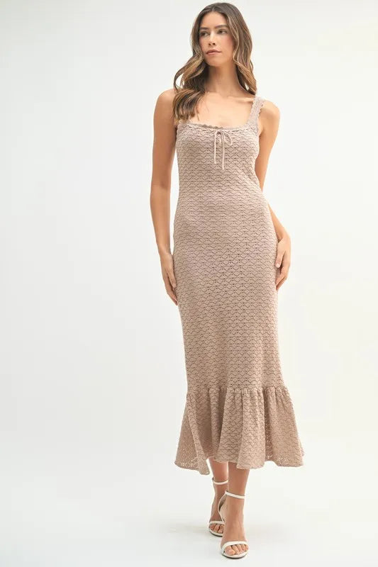 Mocha Mable Ruffled Hem Sleeveless Crochet Knit Midi Dress 1