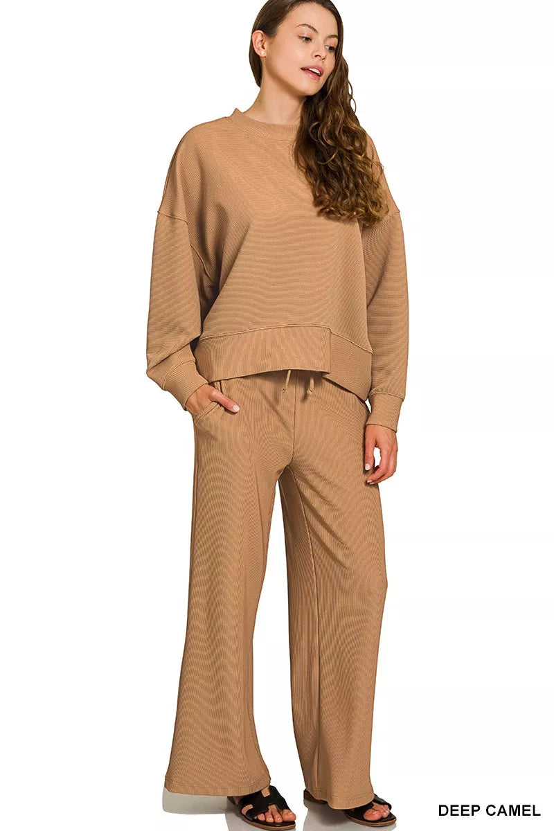 Deep Camel Zenana Ribbed Round Neck Pullover And Drawstring Pants Set 2