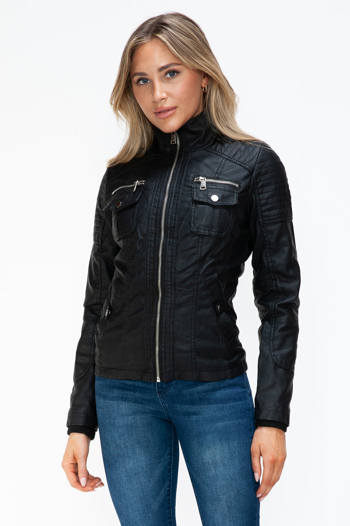 Ymi Removable Faux Layered Multi Pocket Jacket With Fuzzy Hood