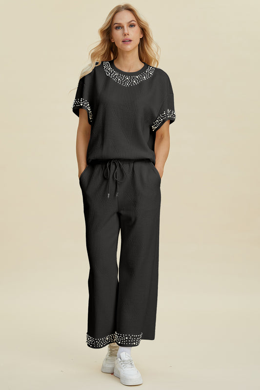Black Double Take Full Size Pearl Detail Round Neck Top And Pants Set
