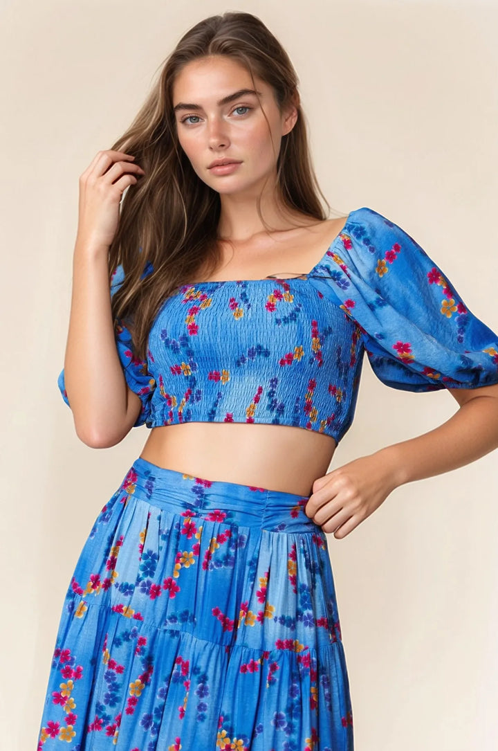 Davi Dani Smocing Bodice Puff Short Sleeve Printed Crop Top