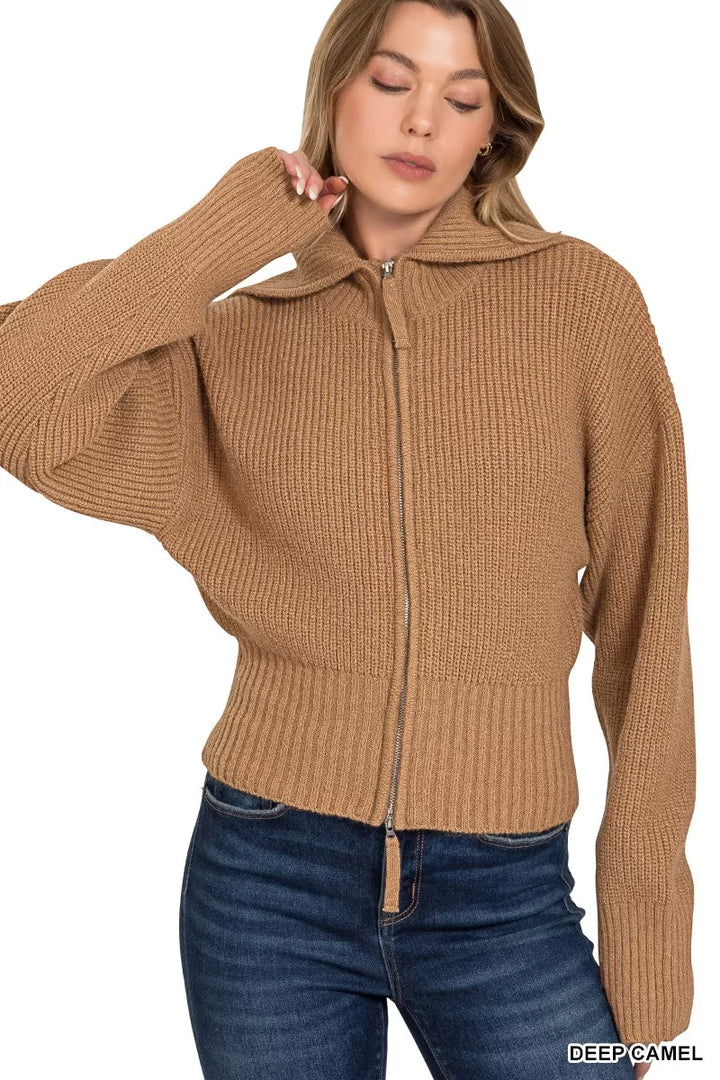 Zenana Ribbed Collared Zip Up Sweater Cardigan 2