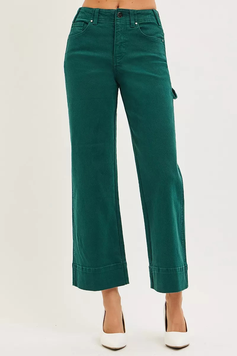 Hunter Green Risen Tummy Control High Rise Crop Wide No Waist Band Pants 1