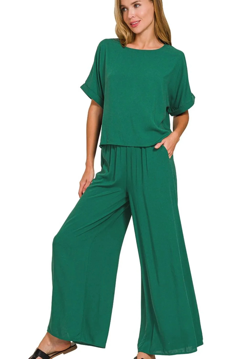 Dk Green Zenana Round Neck T Shirt And Wide Leg Pants Set 4