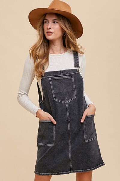 Black Annie Wear Wide Strap Denim Overall Dress With Pockets 1