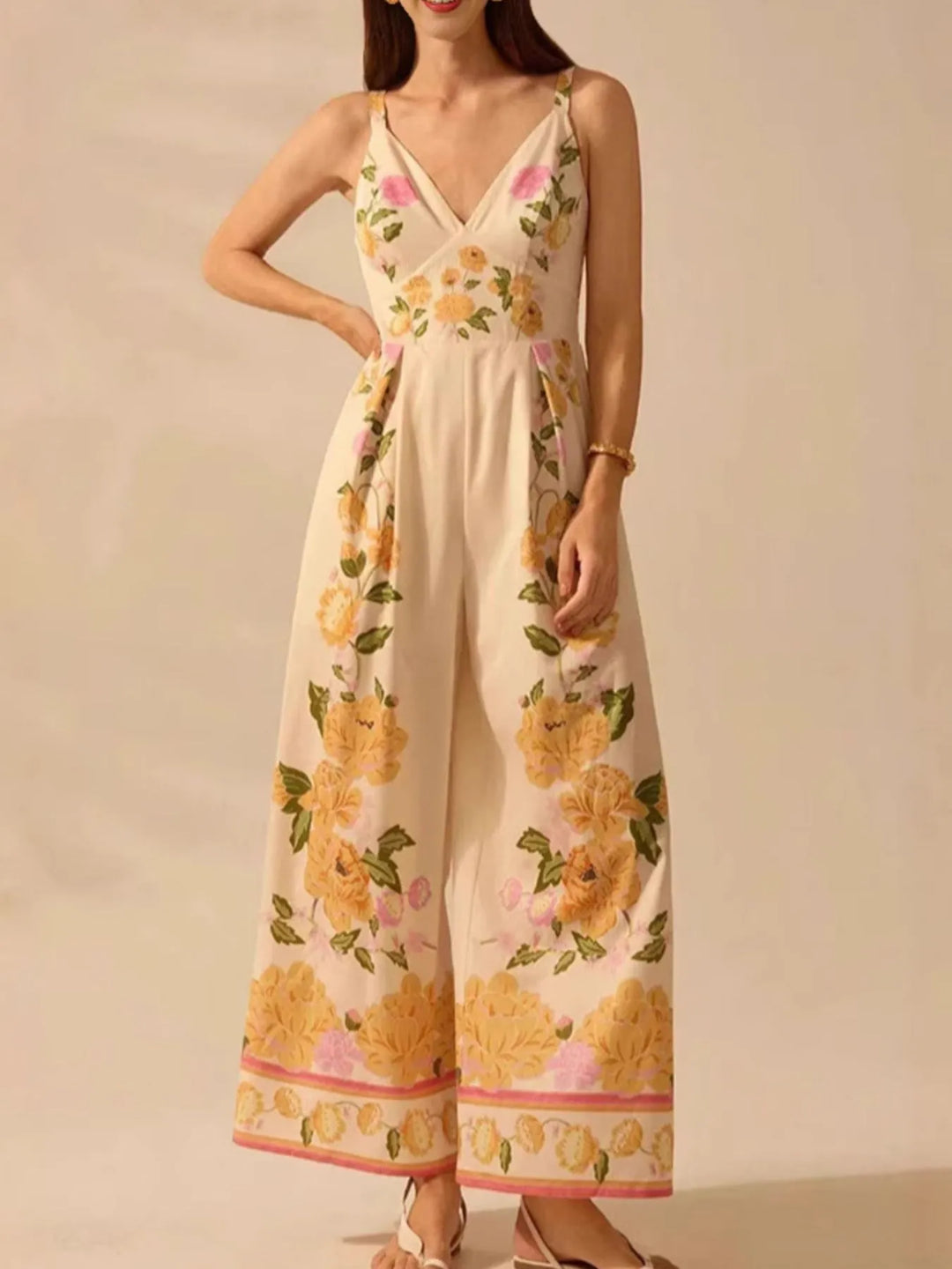 Sherbet Floral Print Wide Leg V Neck Cami Jumpsuit