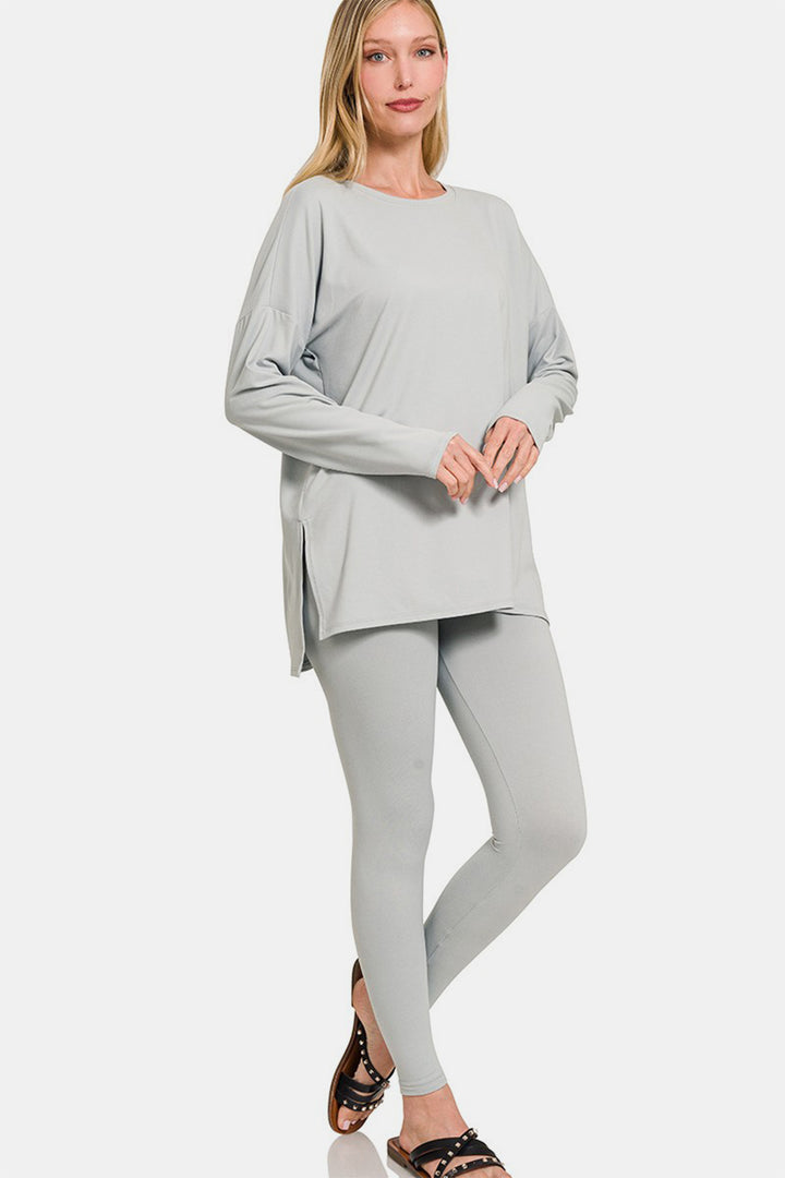 Lt Grey Zenana Full Size Brushed Microfiber Top And Leggings Lounge Set 1