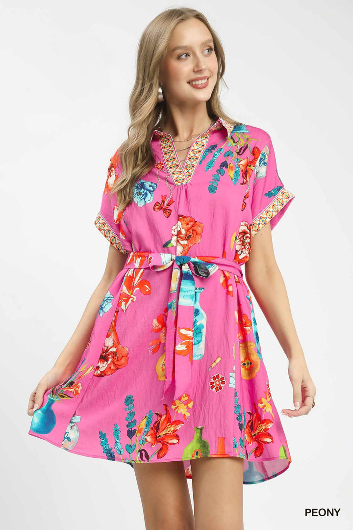 Peony Umgee Floral Print Mini Dress With Belt 1