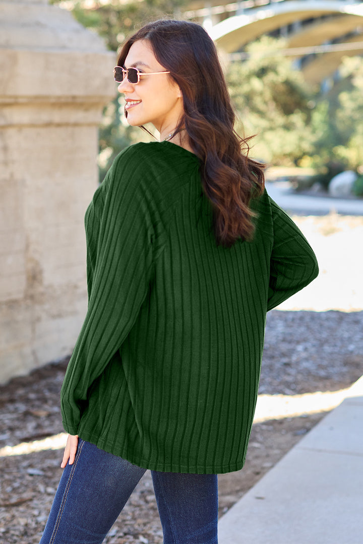 Dark Blue Basic Bae Full Size Ribbed Round Neck Long Sleeve Knit Top 1