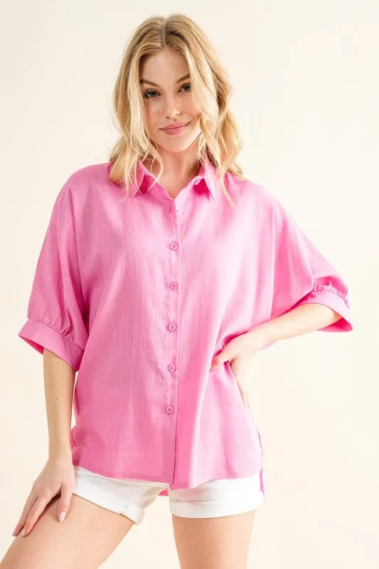 Pink And The Why Oversized Linen Button Down Shirts Top