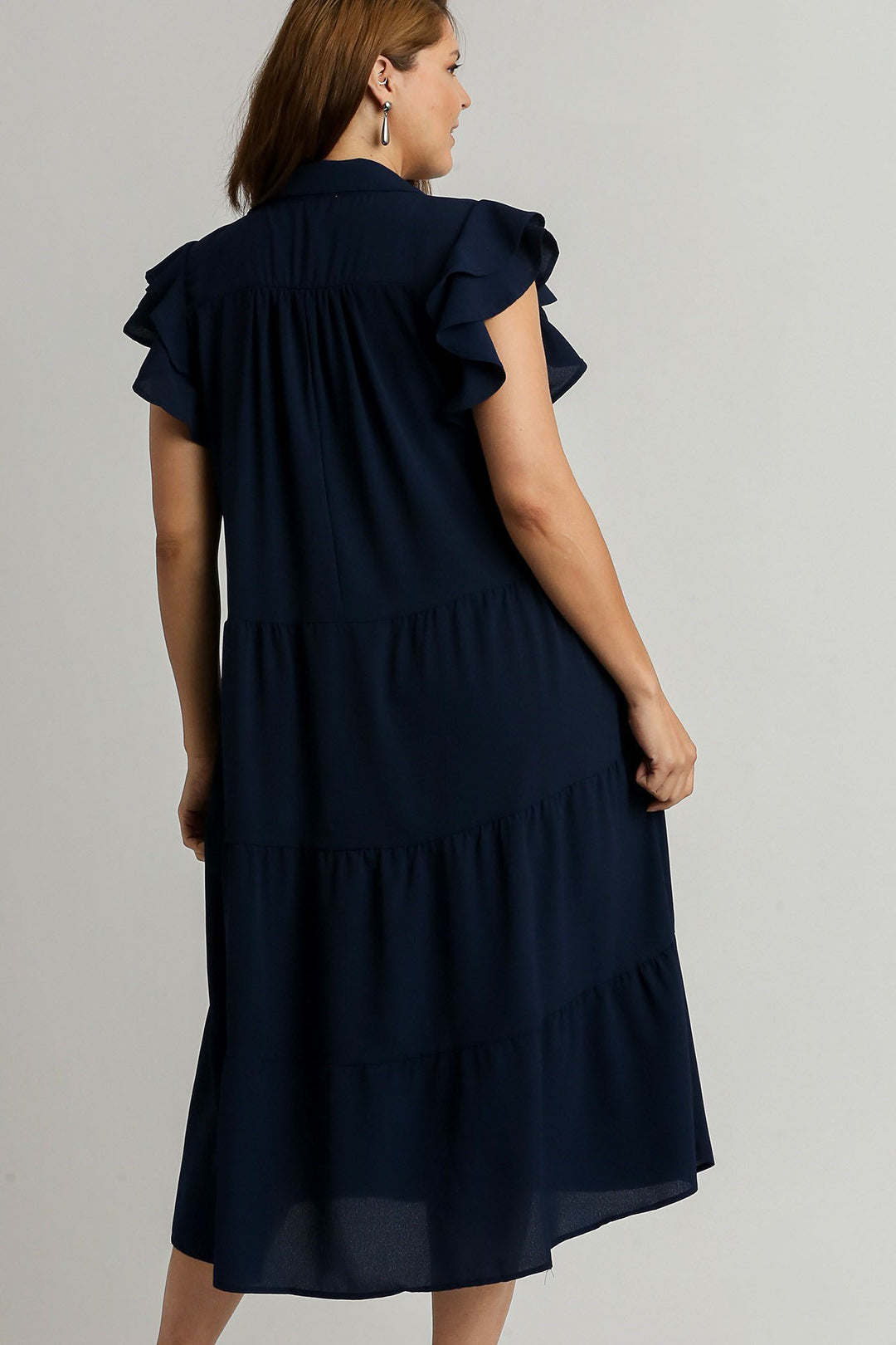 Dark Navy Umgee Full Size Johnny Collar Ruffle Cap Sleeve Tiered Dress Plus Size 2