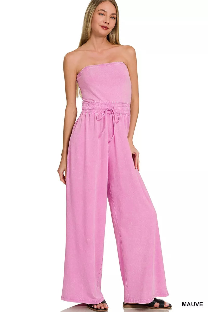 Mauve Zenana Acid Washed Strapless Tube Top Jumpsuit