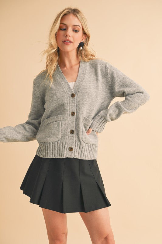Gray Aemi Co Ribbed Hem Button Down V Neck Cardigan 3