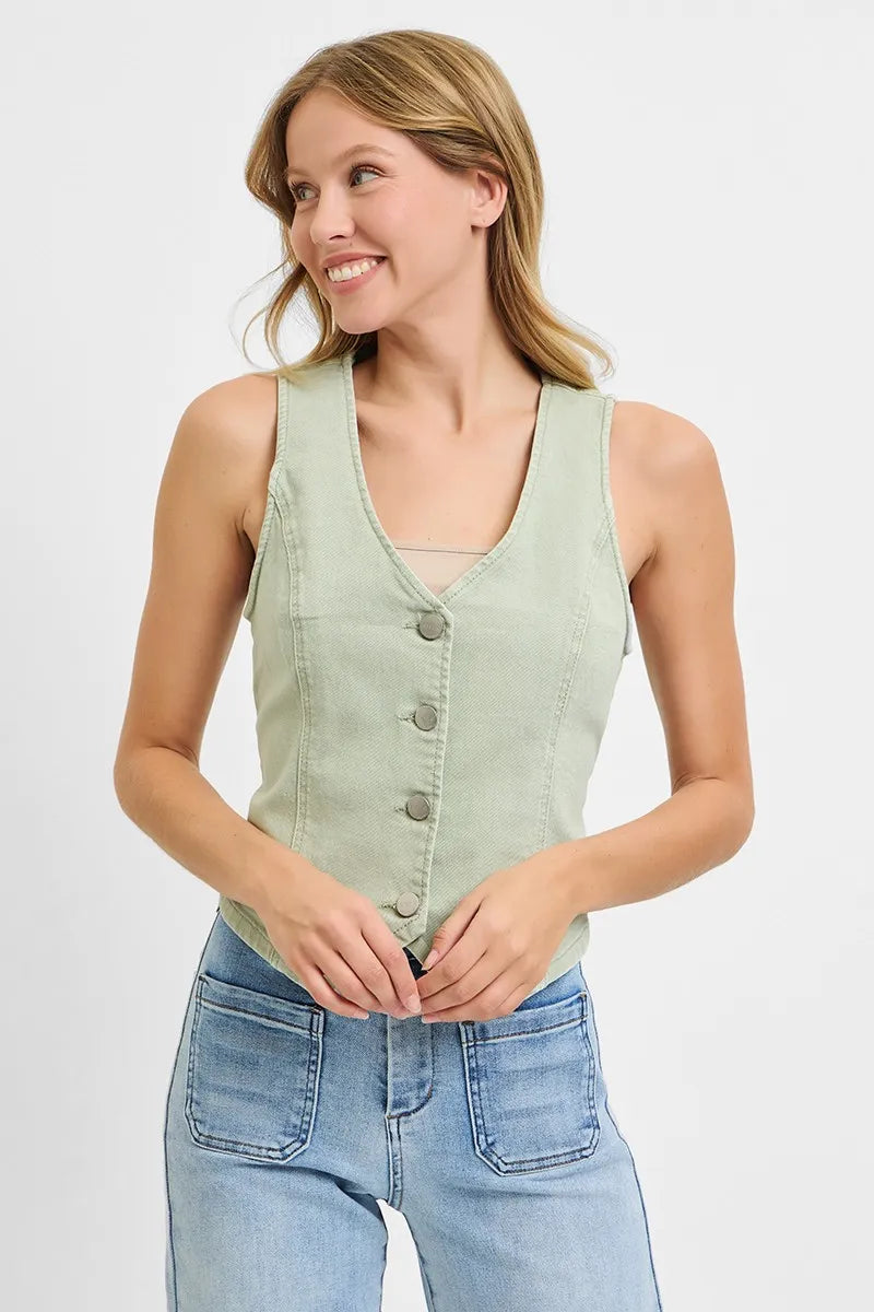 Pistachio Risen Full Size V Neck Button Down Vest Plus Size 1