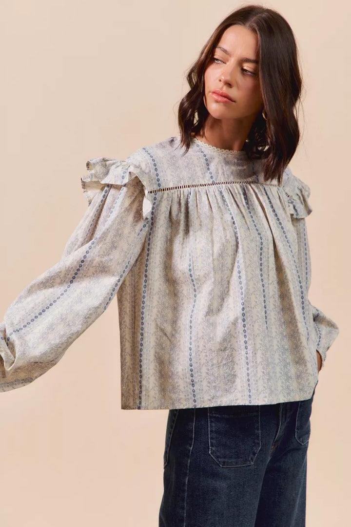 Blue So Me Floral Cotton Print Ruffled Long Sleeve Blouse