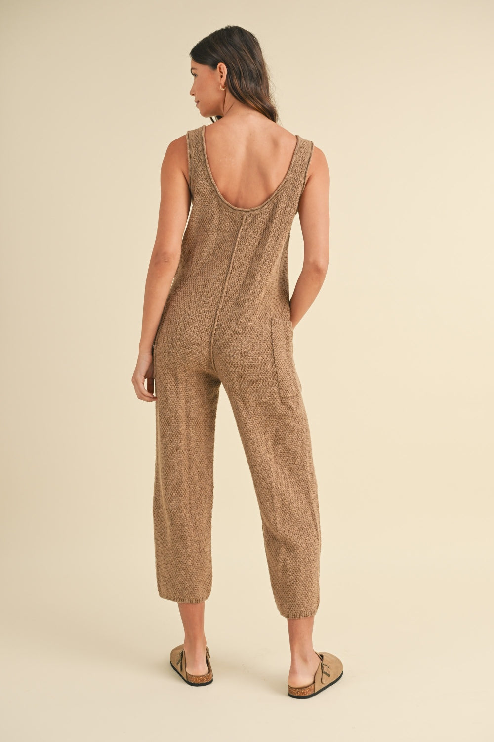 Mocha Mable Sleeveless Knit Crop Jumpsuit With Pockets